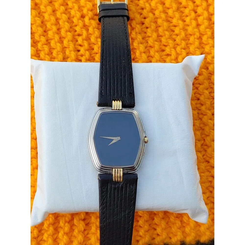 Vintage Christian Dior Quartz Watch Tonneau Hexagon Two Tone Black Dial Leather